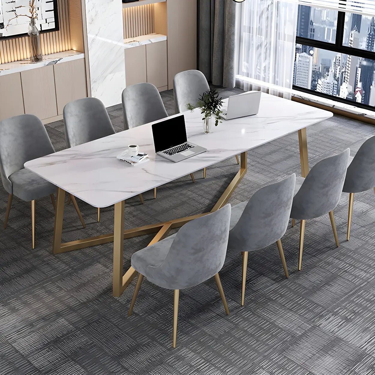 Glam White Stone Gold Trestle Conference Table for 8
