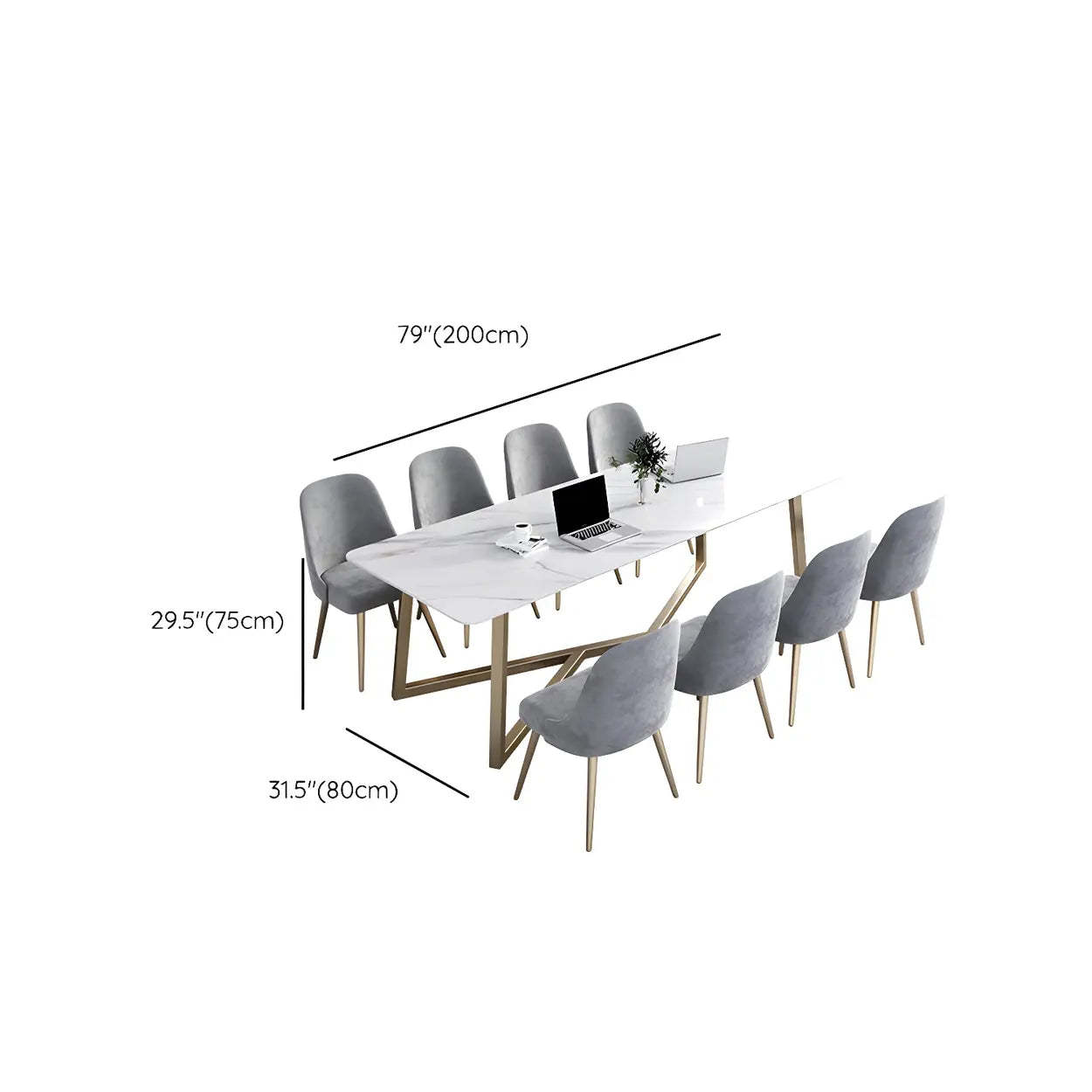 Glam White Stone Gold Trestle Conference Table for 8