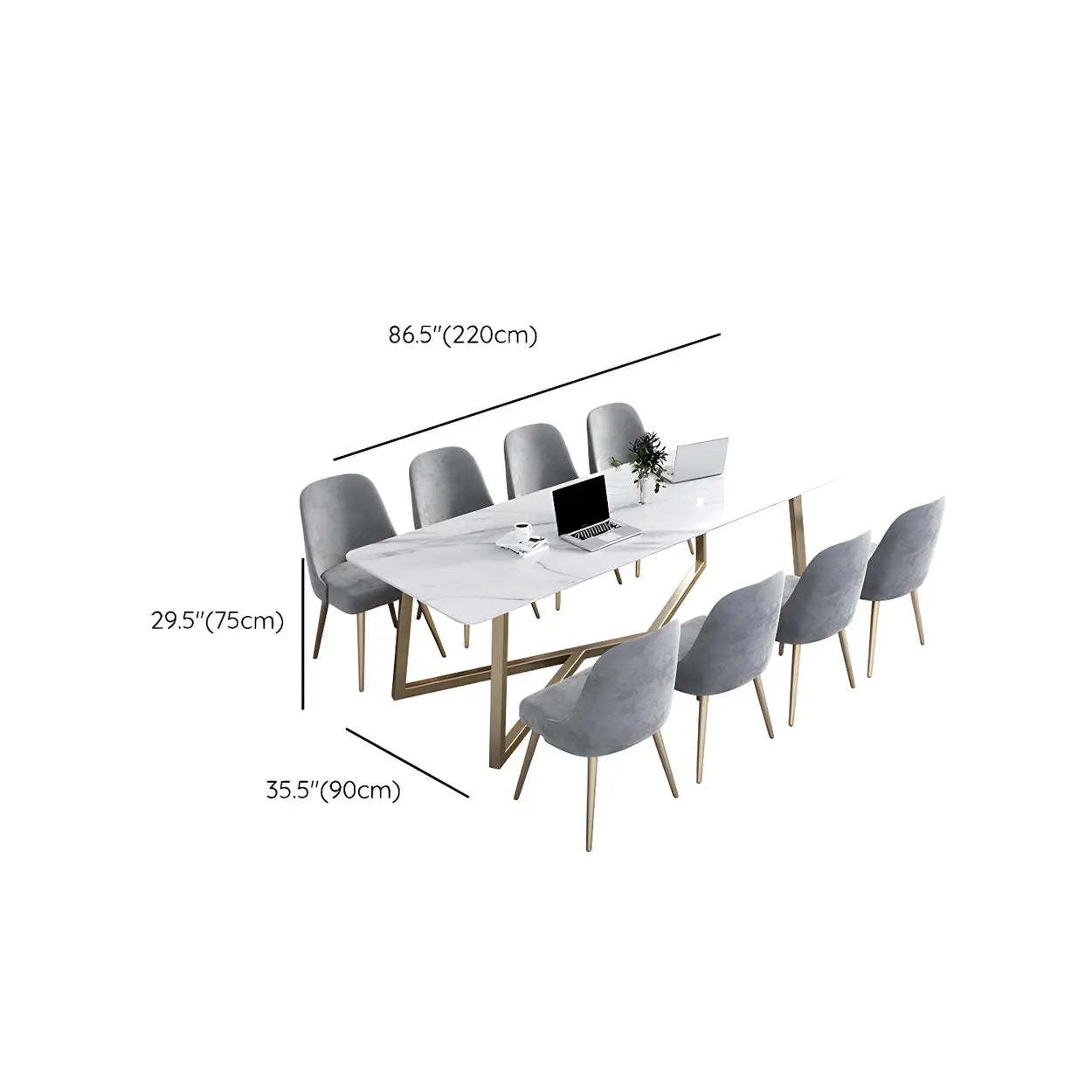 Glam White Stone Gold Trestle Conference Table for 8