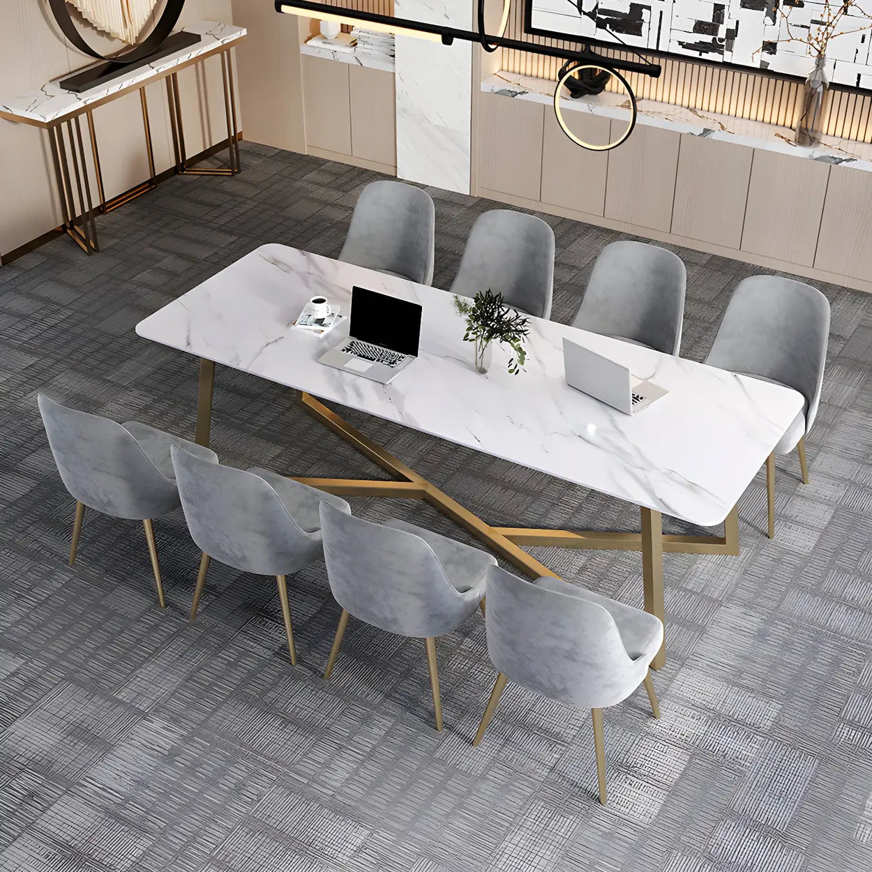 Glam White Stone Gold Trestle Conference Table for 8 — Table Only