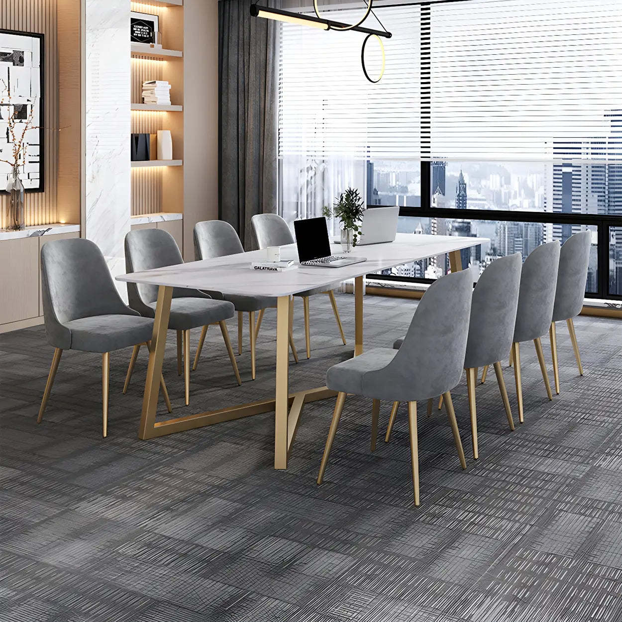 Glam White Stone Gold Trestle Conference Table for 8 — Table Only