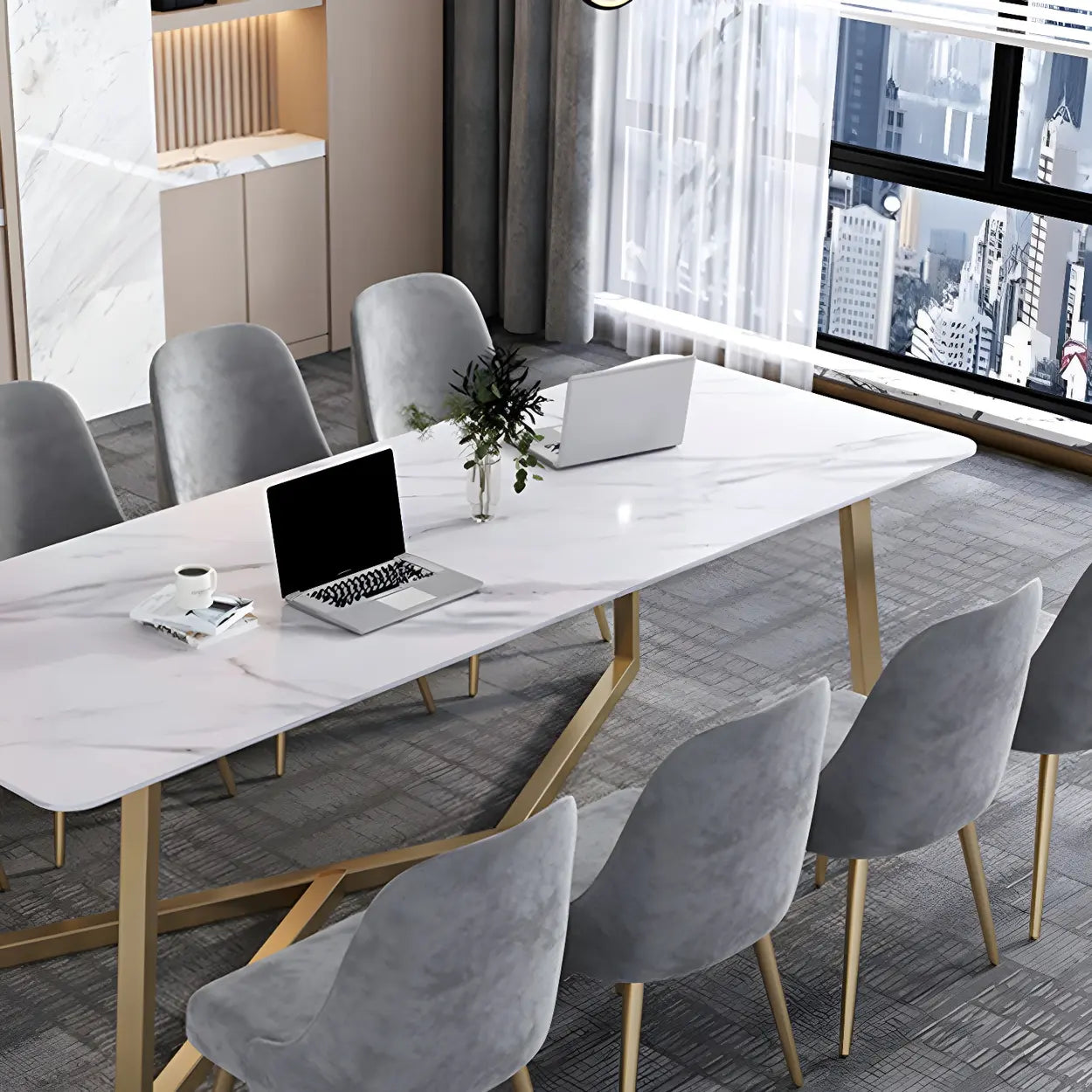 Glam White Stone Gold Trestle Conference Table for 8 — Table Only
