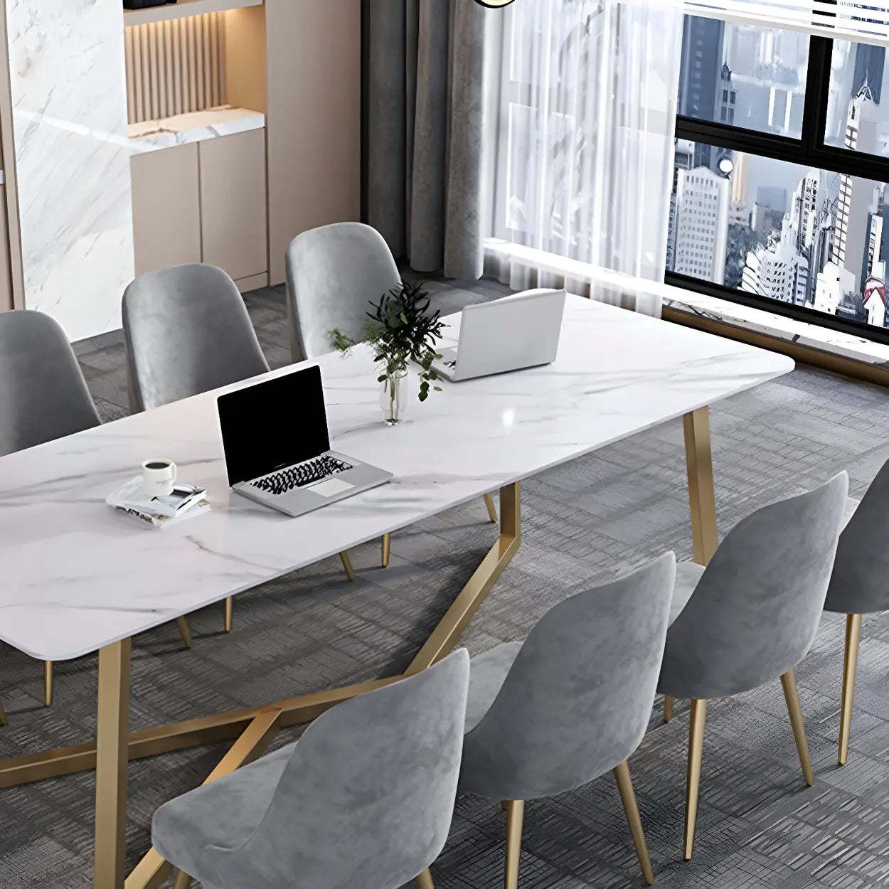 Glam White Stone Gold Trestle Conference Table for 8 — Table Only