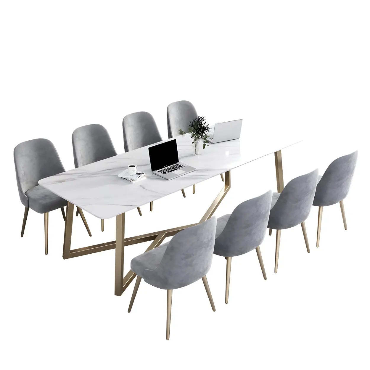 Glam White Stone Gold Trestle Conference Table for 8 — Table Only