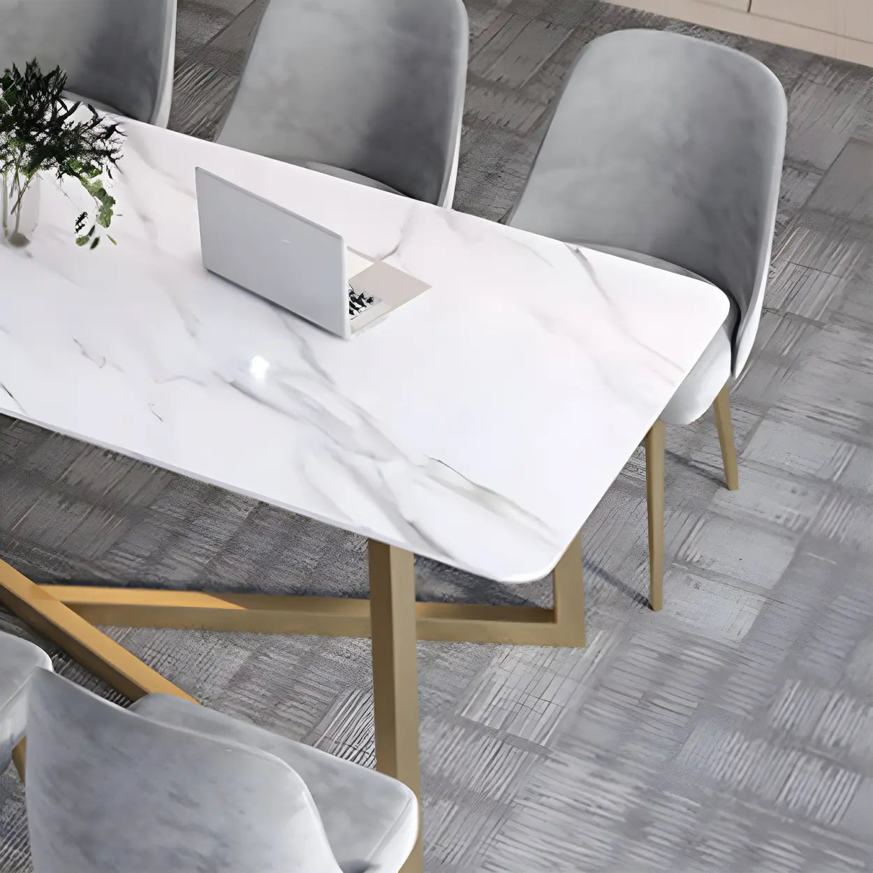 Glam White Stone Gold Trestle Conference Table for 8 — Table Only