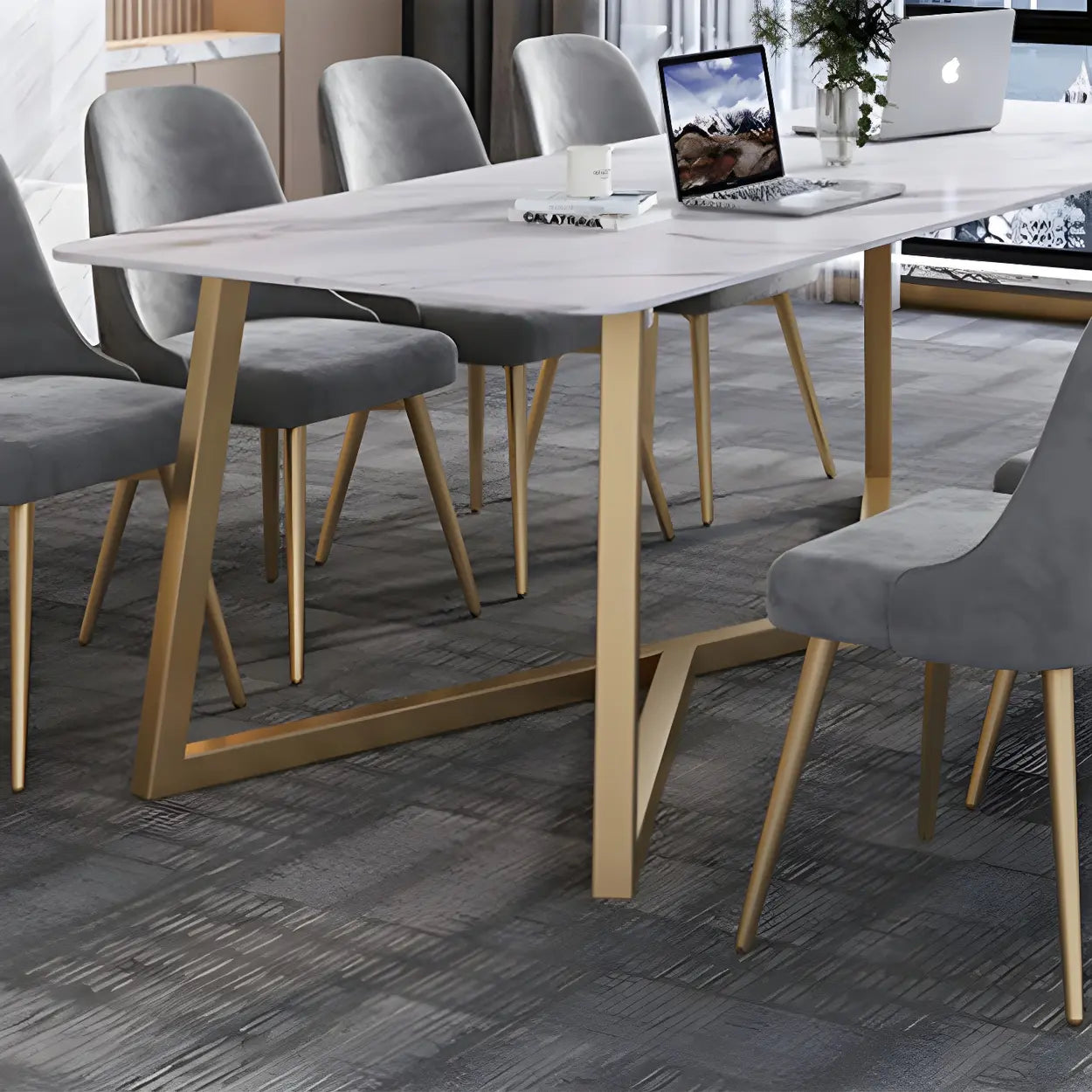 Glam White Stone Gold Trestle Conference Table for 8 — Table Only