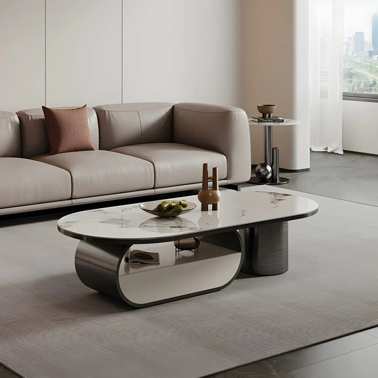 Glam White Stone Oval Drawer Shelf Coffee Table