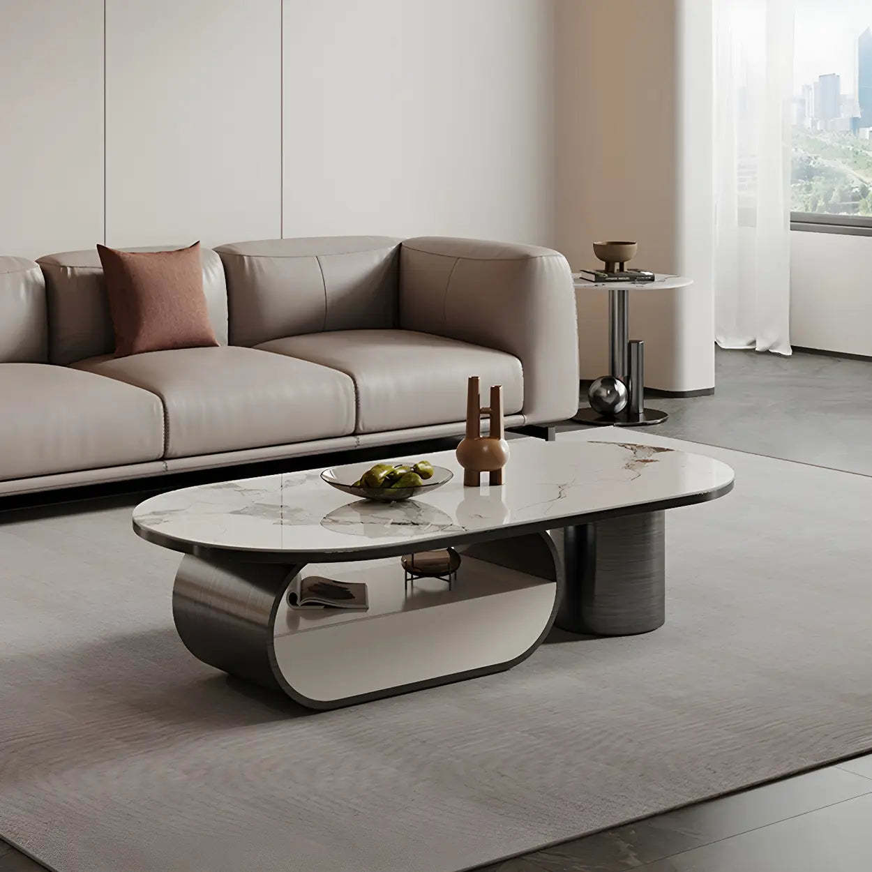 Glam White Stone Oval Drawer Shelf Coffee Table — Black