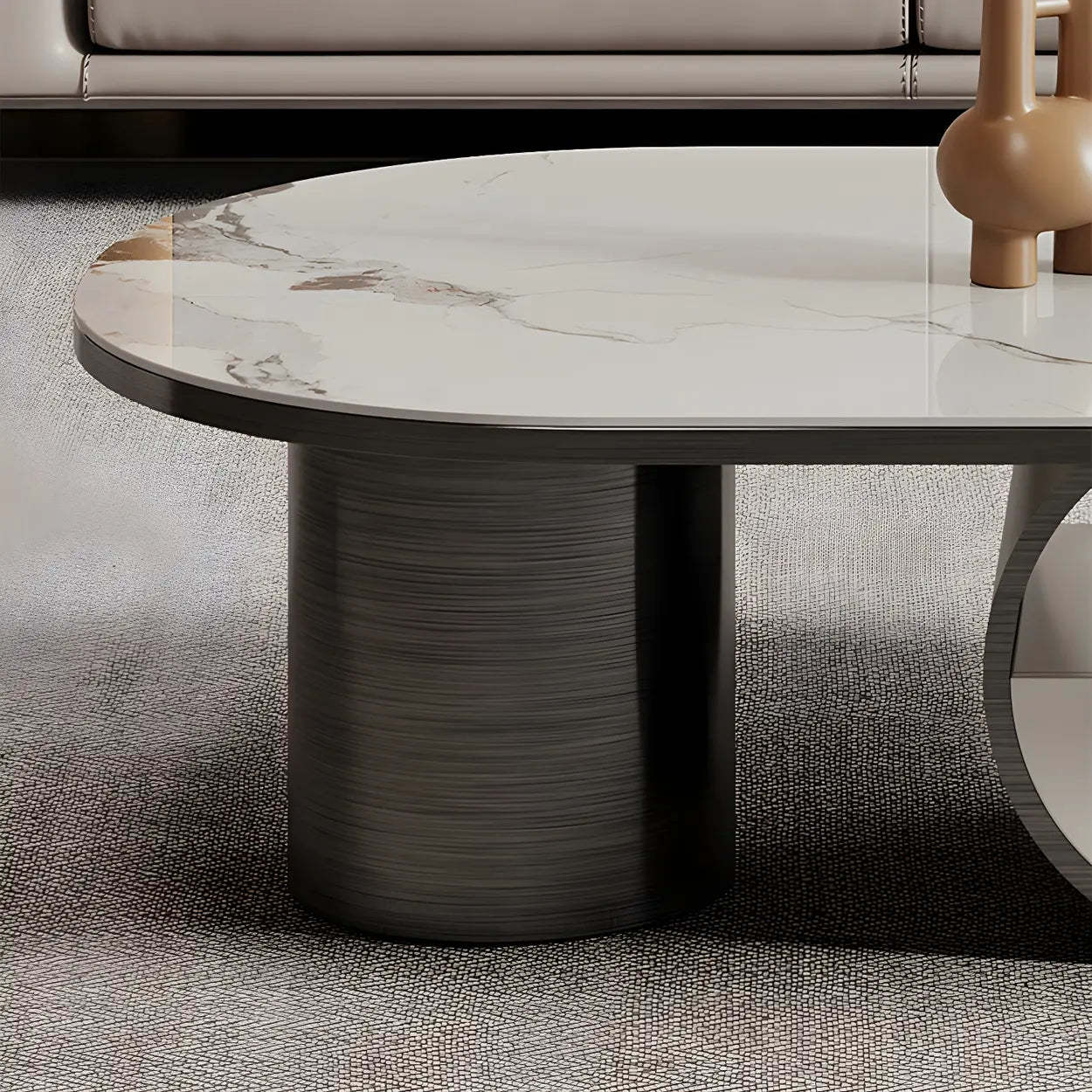 Glam White Stone Oval Drawer Shelf Coffee Table