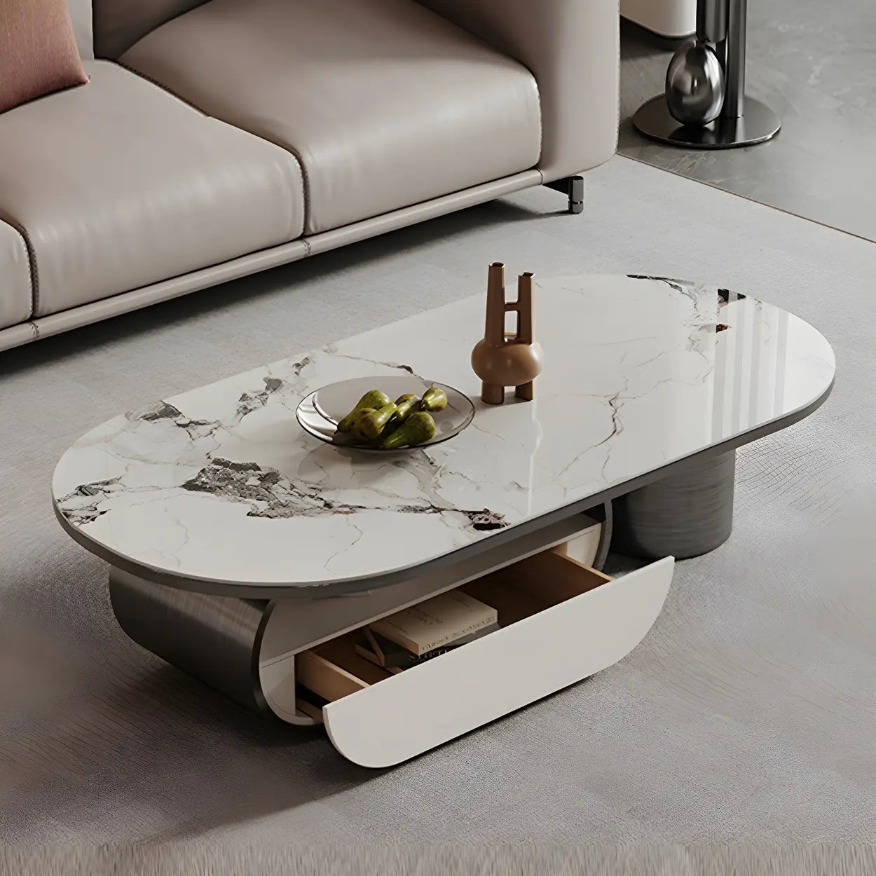 Glam White Stone Oval Drawer Shelf Coffee Table — Gold