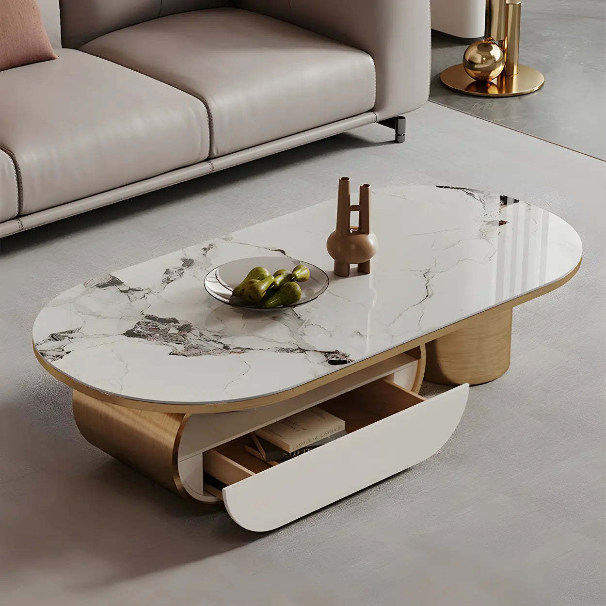 Glam White Stone Oval Drawer Shelf Coffee Table — Black