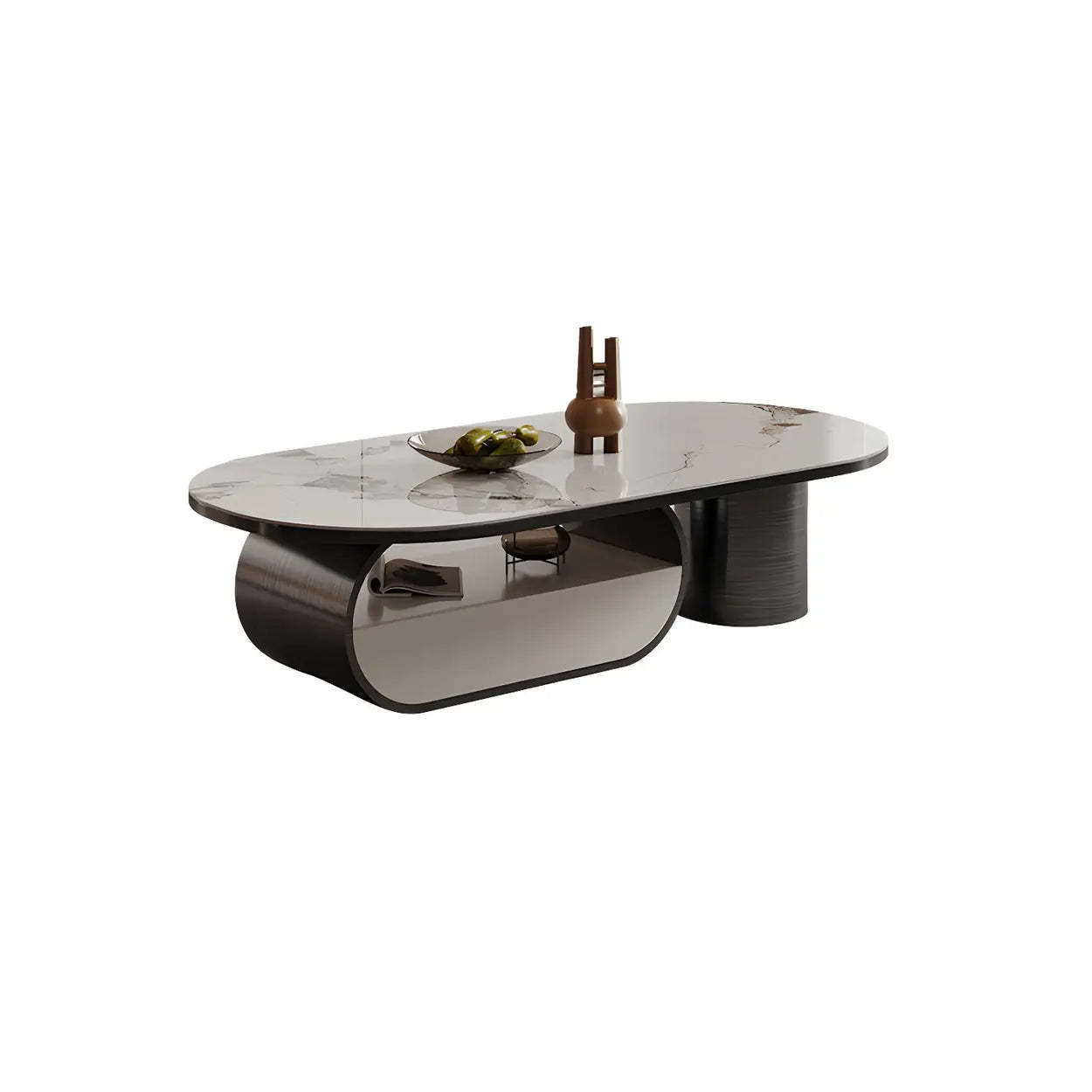 Glam White Stone Oval Drawer Shelf Coffee Table