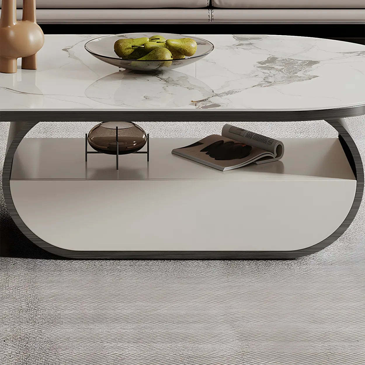 Glam White Stone Oval Drawer Shelf Coffee Table