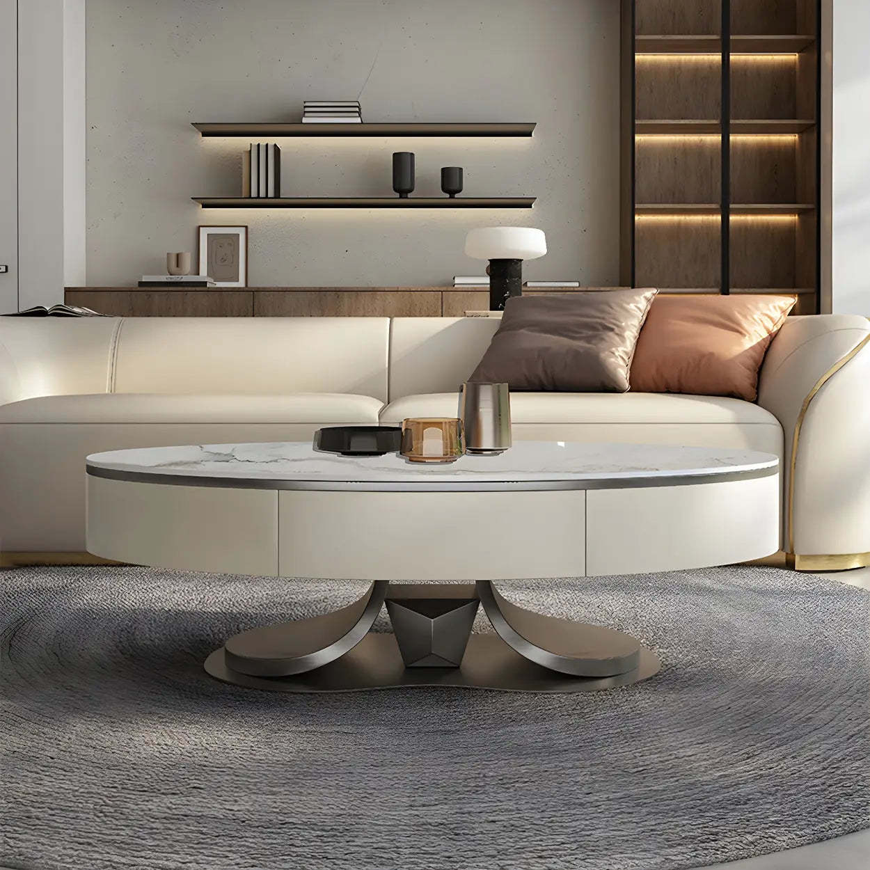 Glam White Stone Oval Steel-Base Coffee Table