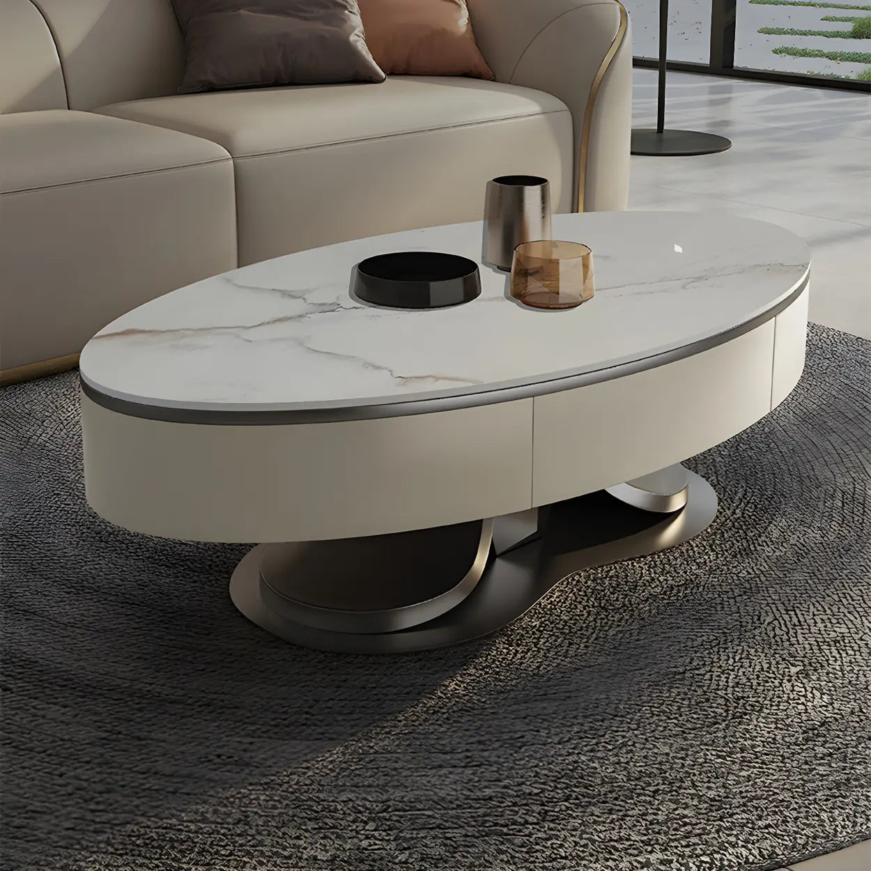 Glam White Stone Oval Steel-Base Coffee Table