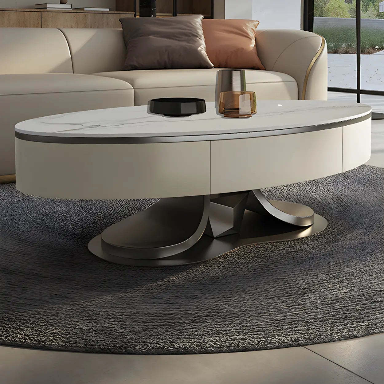 Glam White Stone Oval Steel-Base Coffee Table