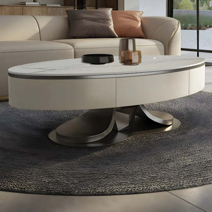 Glam White Stone Oval Steel-Base Coffee Table