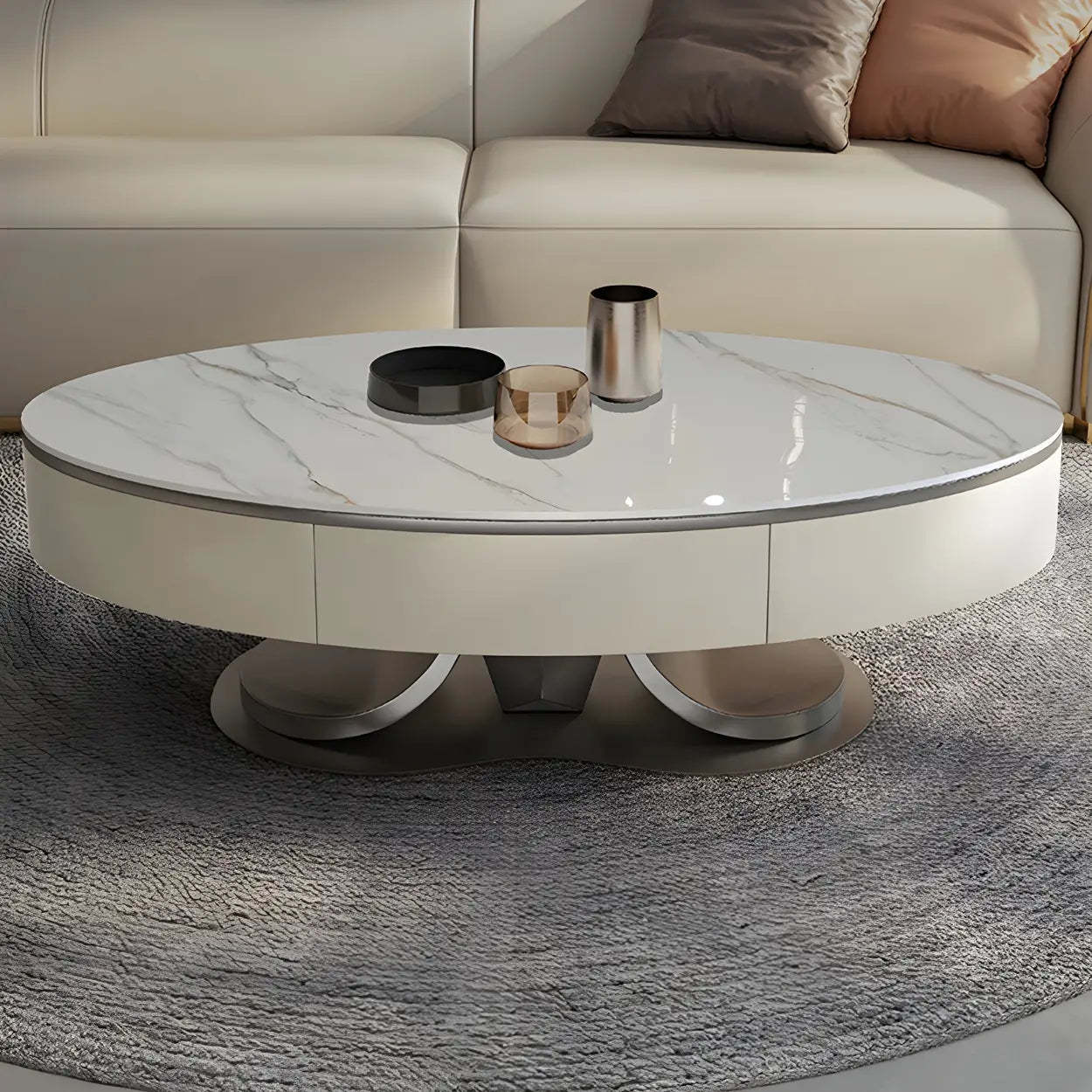 Glam White Stone Oval Steel-Base Coffee Table