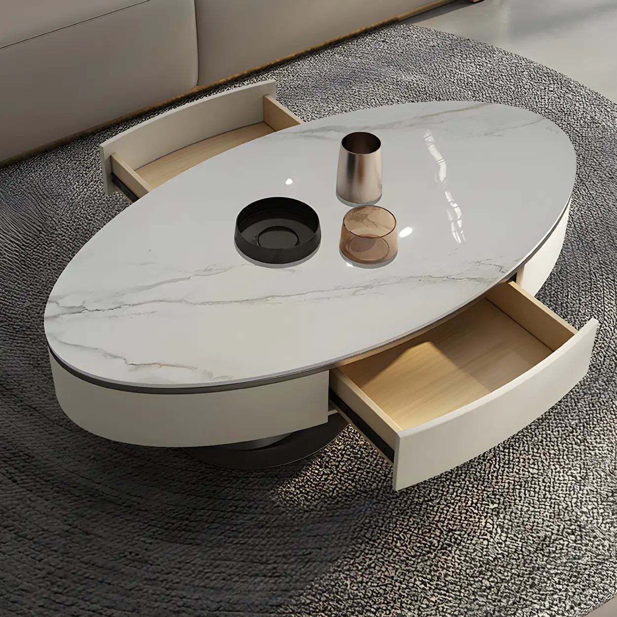 Glam White Stone Oval Steel-Base Coffee Table