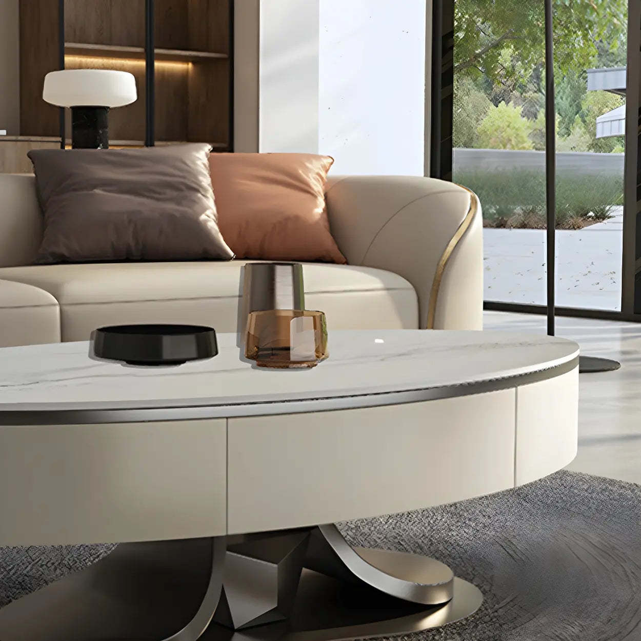 Glam White Stone Oval Steel-Base Coffee Table