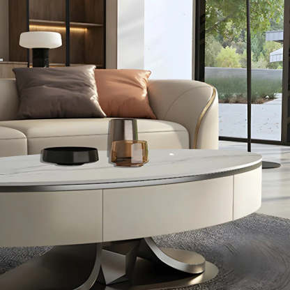 Glam White Stone Oval Steel-Base Coffee Table