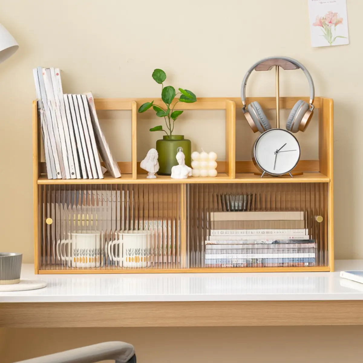 Glass Door 2-Tier Bamboo Desktop Display Cabinet — Natural