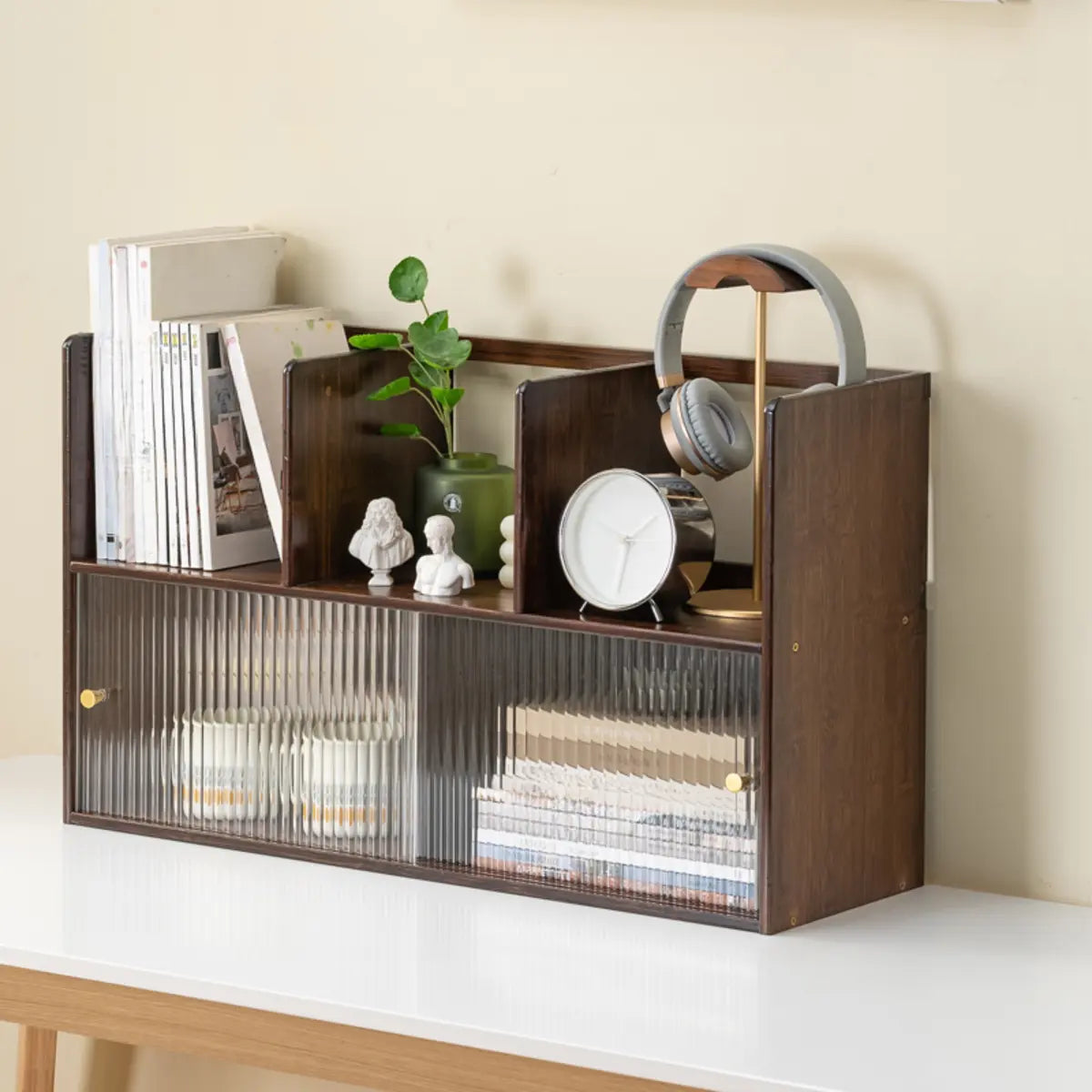 Glass Door 2-Tier Bamboo Desktop Display Cabinet