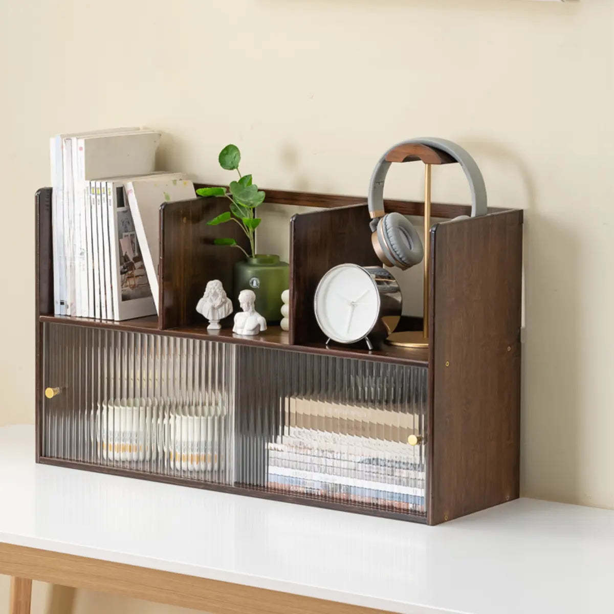 Glass Door 2-Tier Bamboo Desktop Display Cabinet