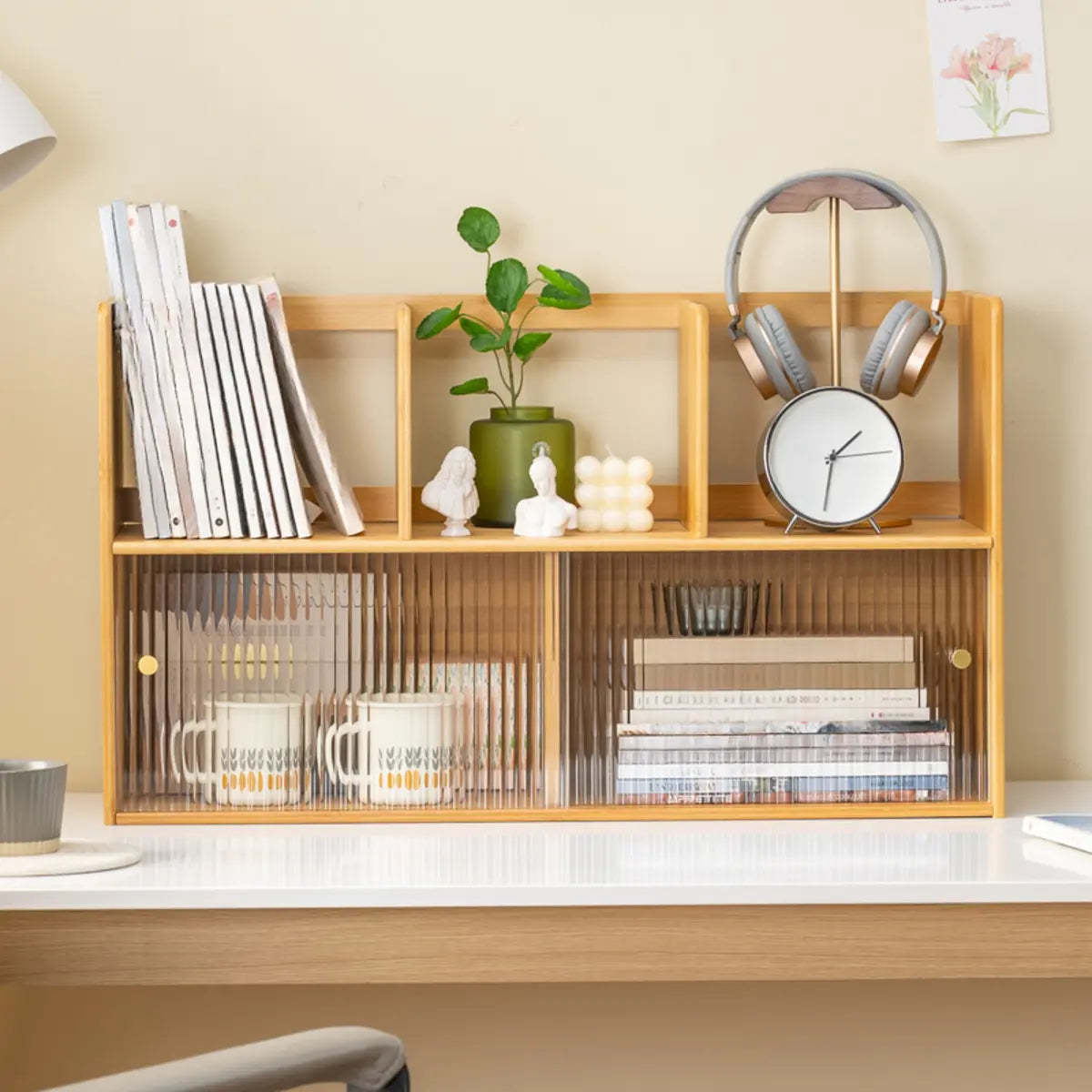 Glass Door 2-Tier Bamboo Desktop Display Cabinet — Natural