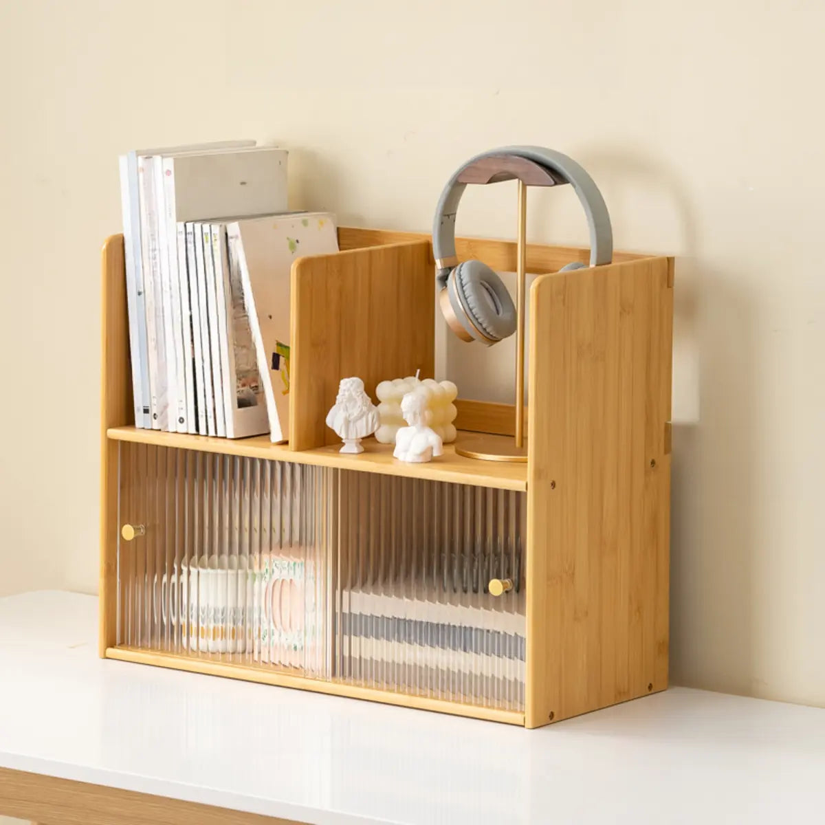 Glass Door 2-Tier Bamboo Desktop Display Cabinet — Nut-Brown