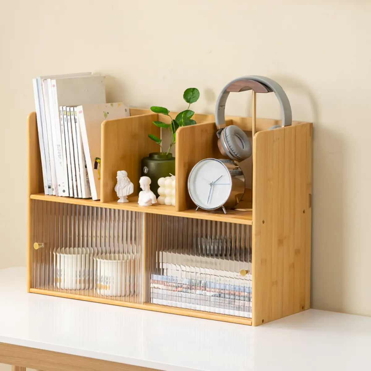 Glass Door 2-Tier Bamboo Desktop Display Cabinet — Natural