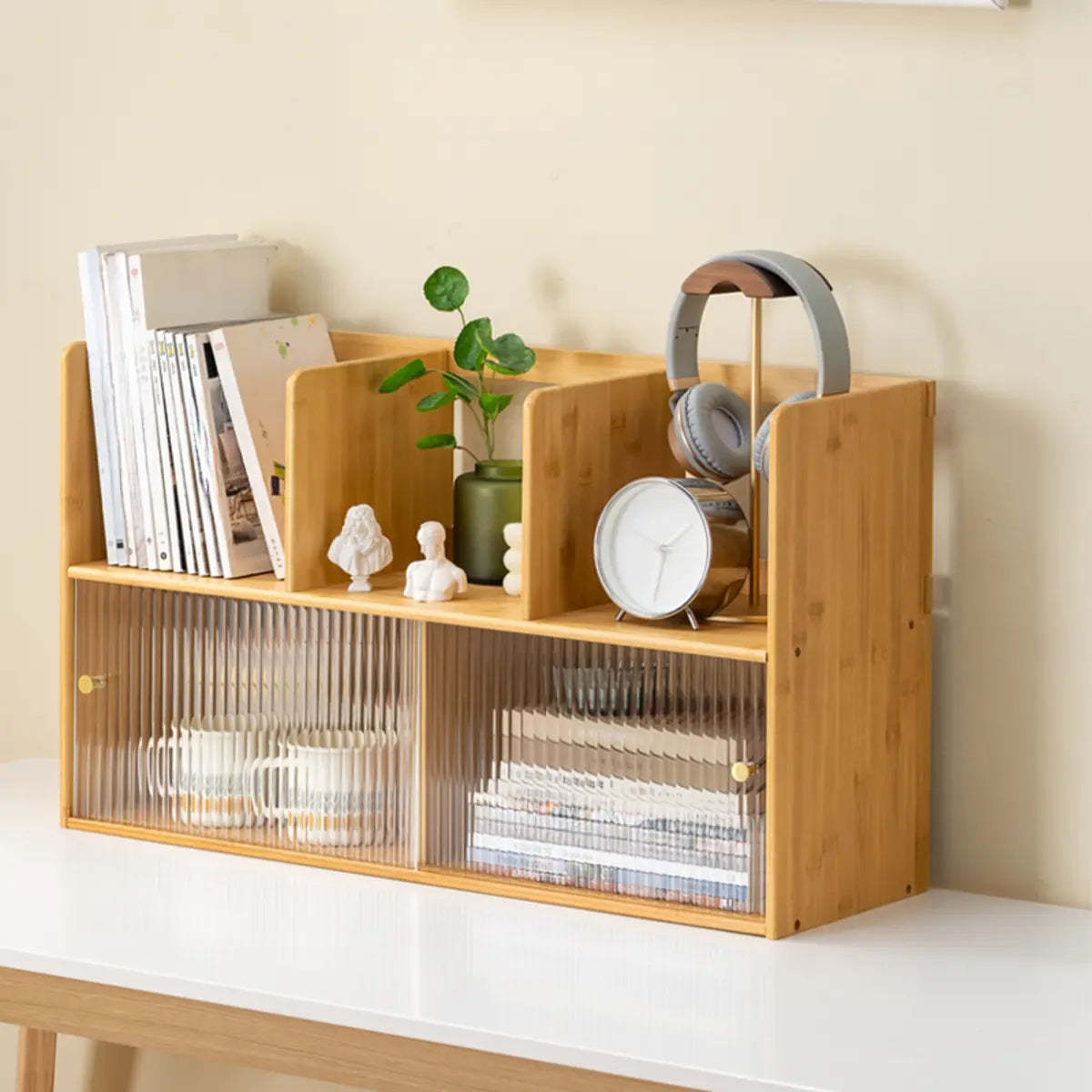 Glass Door 2-Tier Bamboo Desktop Display Cabinet — Natural
