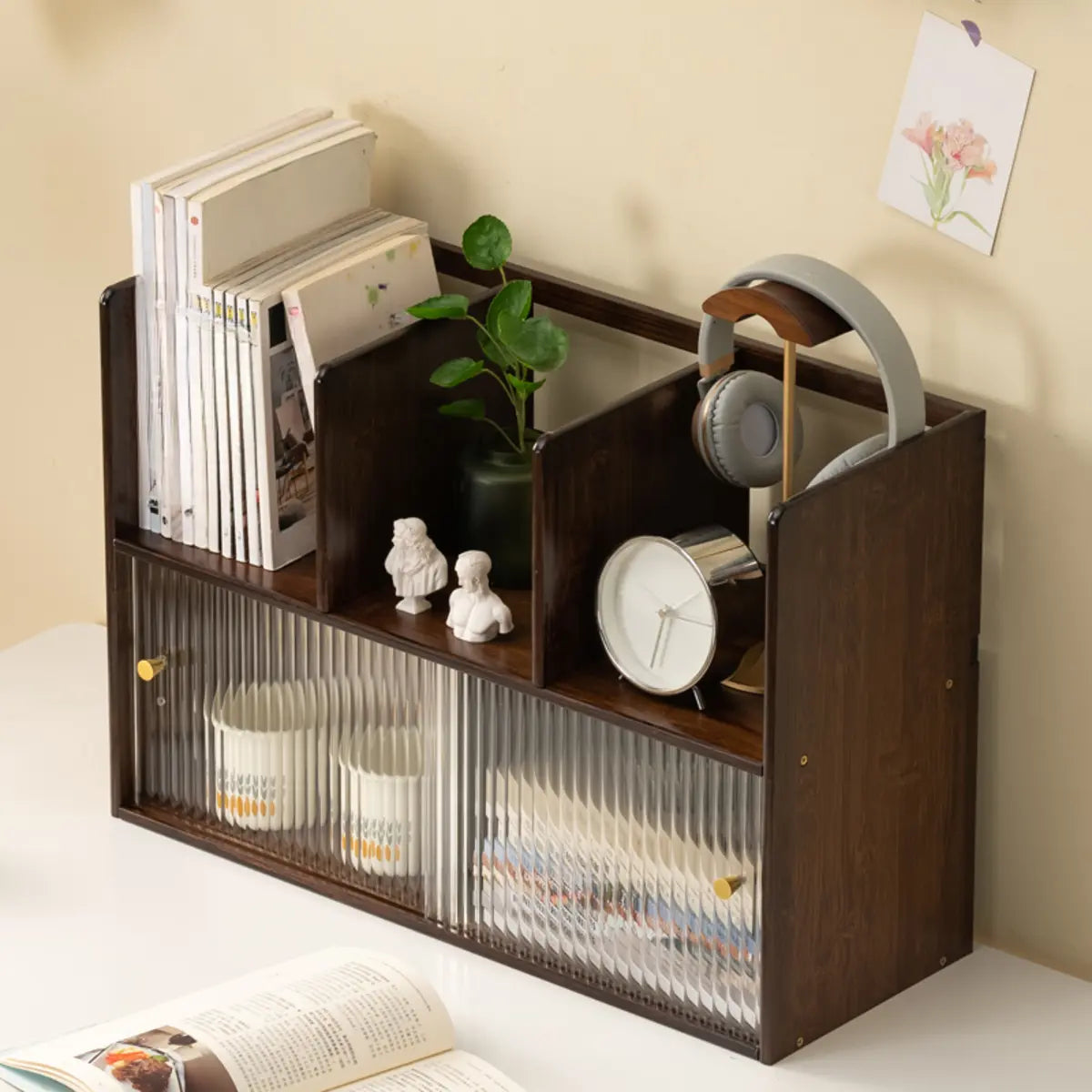 Glass Door 2-Tier Bamboo Desktop Display Cabinet — Nut-Brown