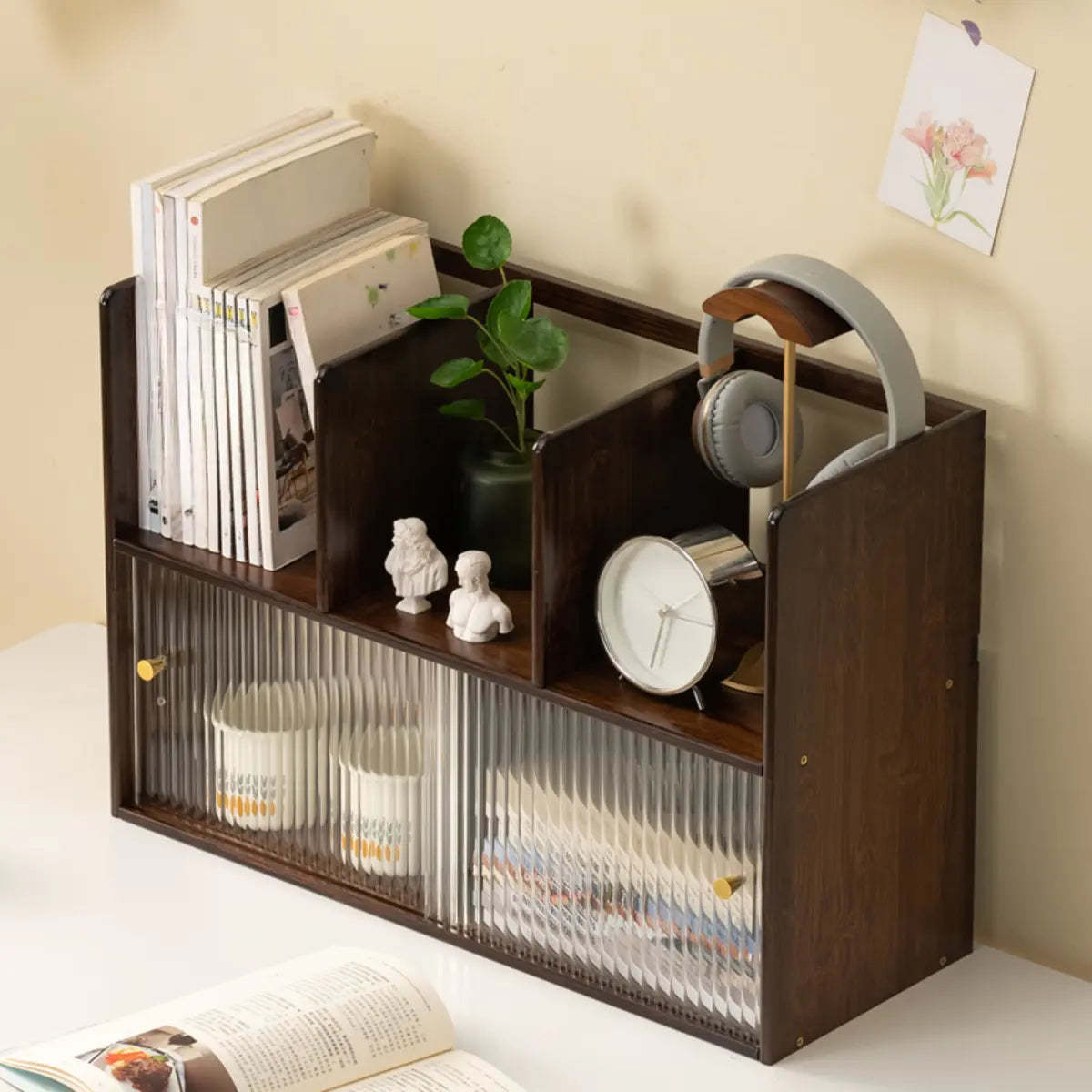 Glass Door 2-Tier Bamboo Desktop Display Cabinet — Nut-Brown