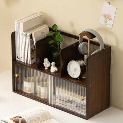 Glass Door 2-Tier Bamboo Desktop Display Cabinet — Nut-Brown