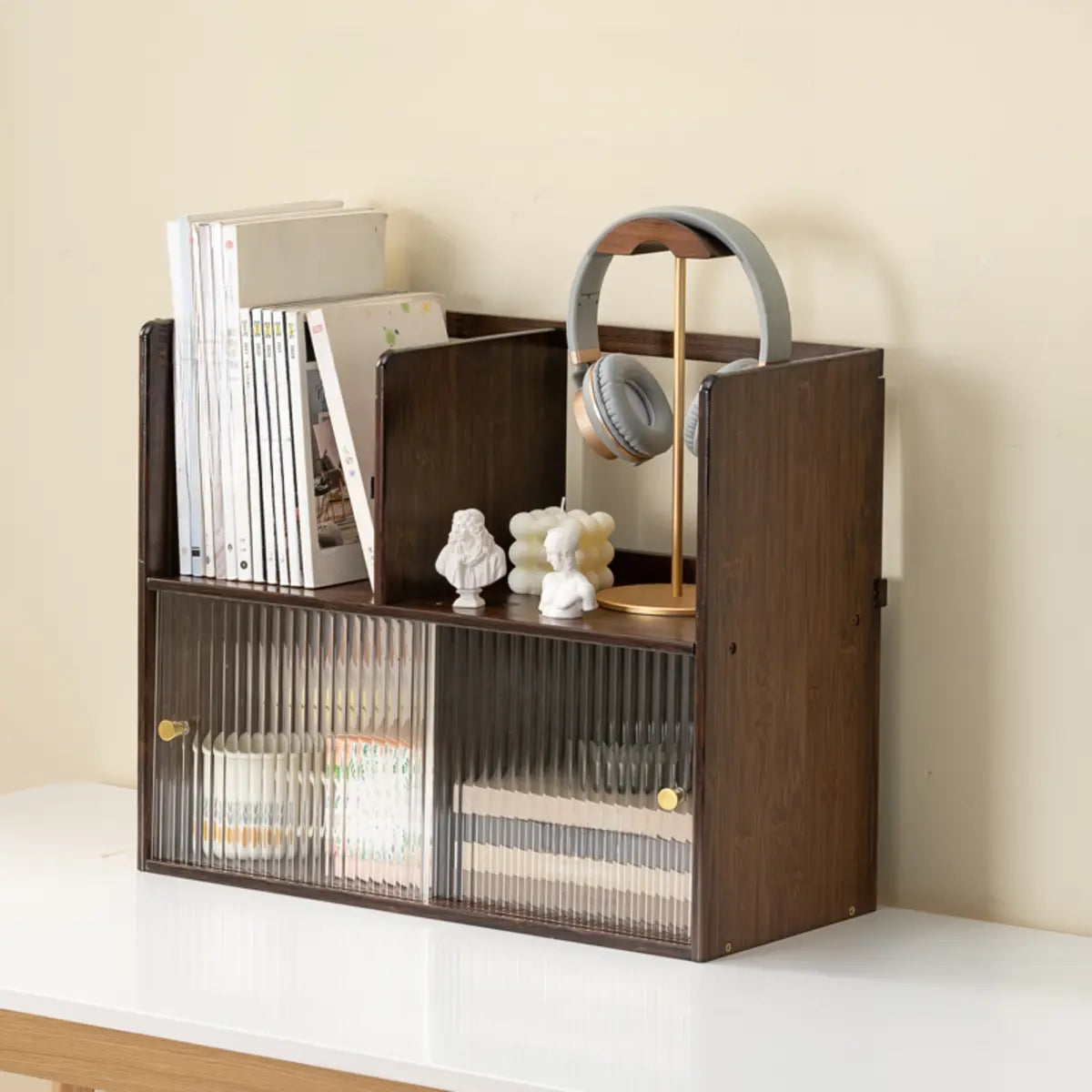 Glass Door 2-Tier Bamboo Desktop Display Cabinet