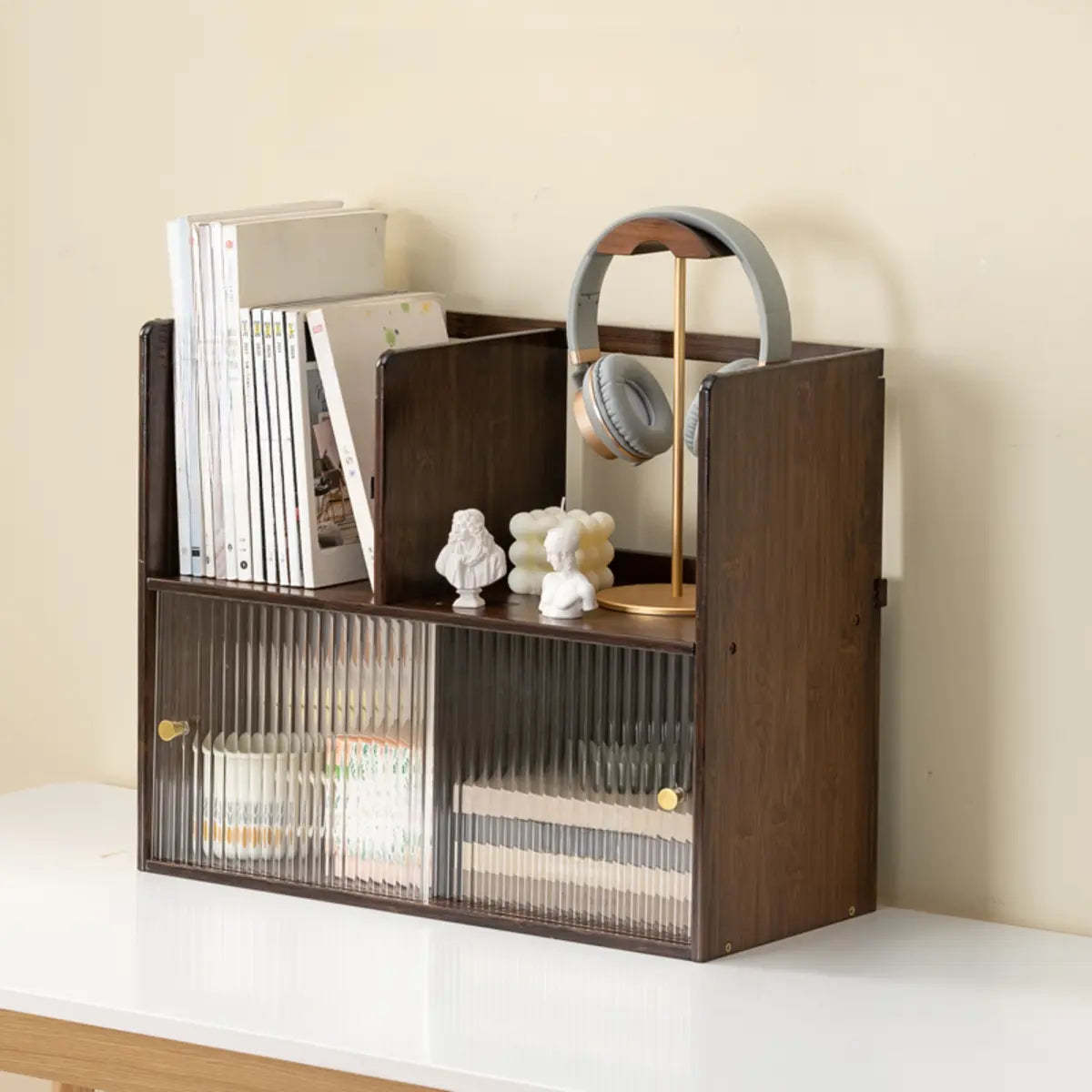 Glass Door 2-Tier Bamboo Desktop Display Cabinet