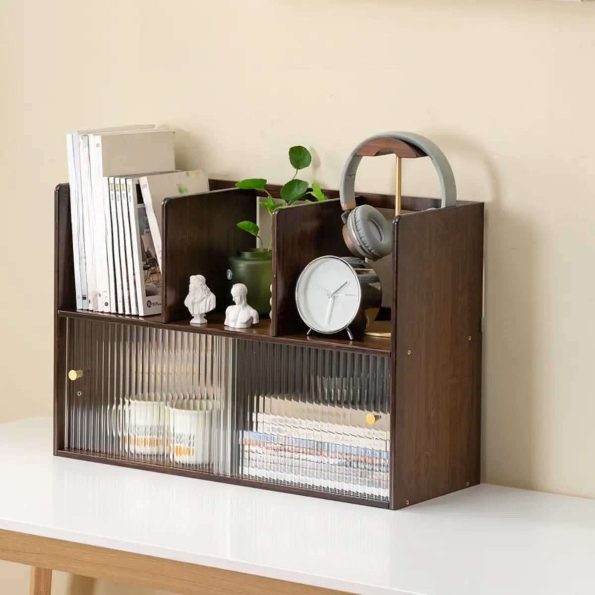 Glass Door 2-Tier Bamboo Desktop Display Cabinet