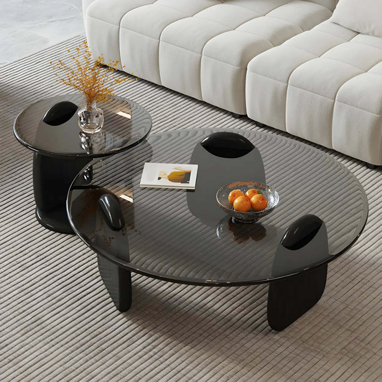 Round Glass Coffee Table with Wood Legs — Clear Glass / Black