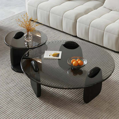 Round Glass Coffee Table with Wood Legs — Clear Glass / Black
