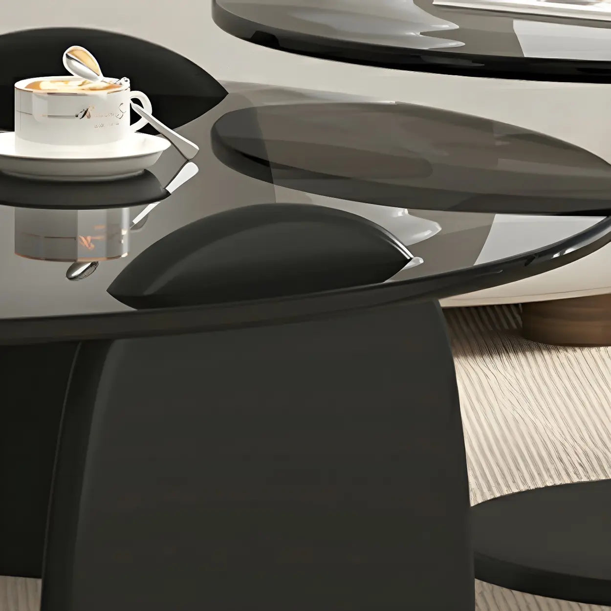 Round Glass Coffee Table with Wood Legs — Gray Glass / Black