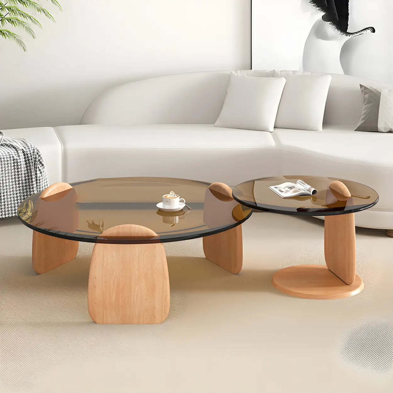 Round Glass Coffee Table with Wood Legs — Gray Glass / Natural Finish