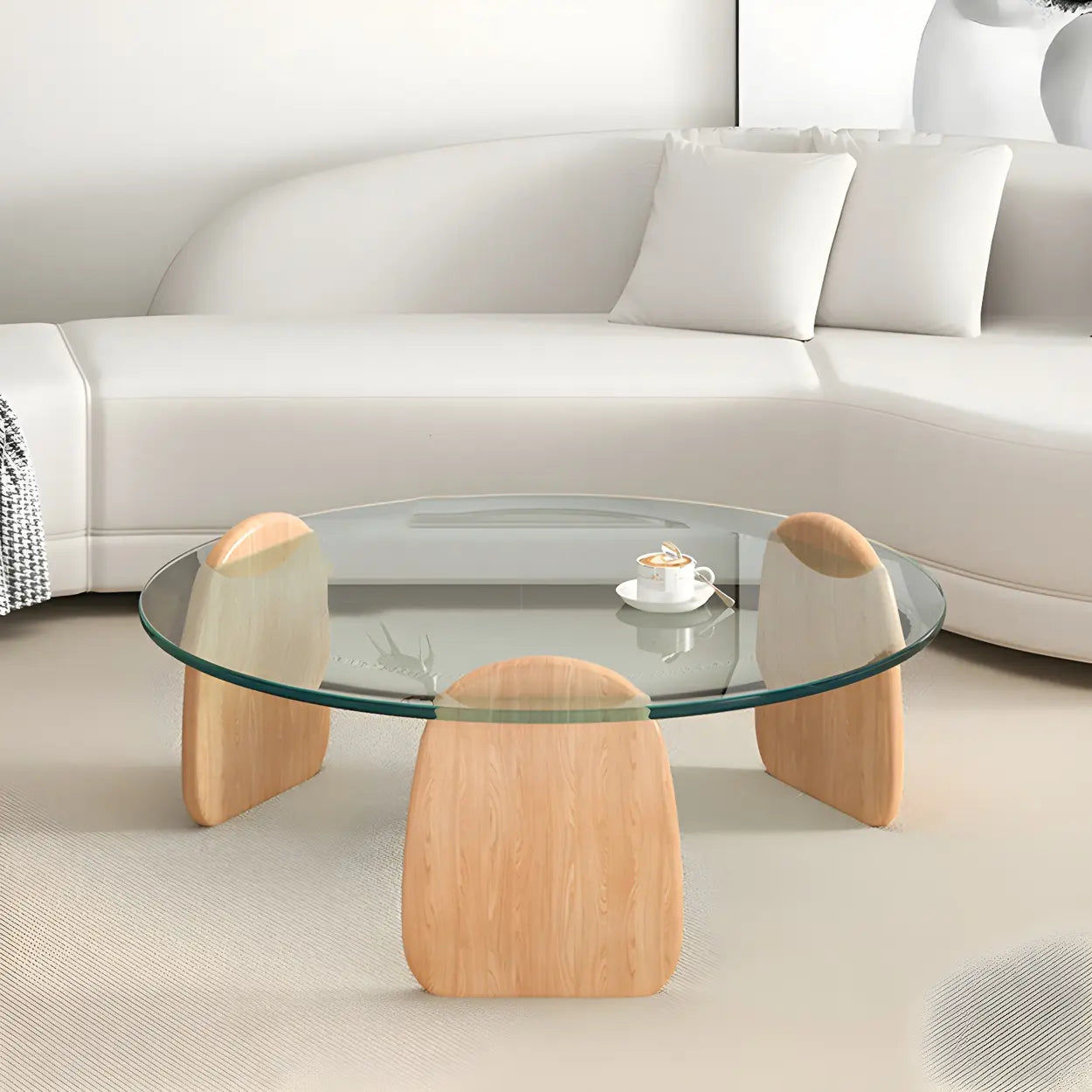 Round Glass Coffee Table with Wood Legs — Clear Glass / Natural Finish