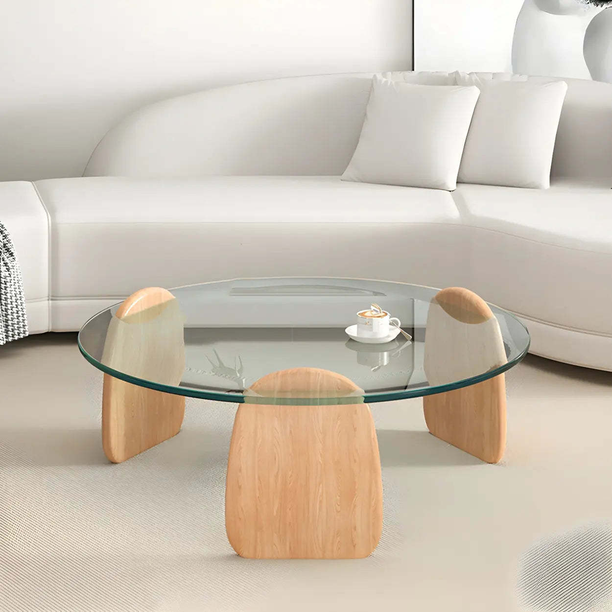 Round Glass Coffee Table with Wood Legs — Clear Glass / Natural Finish