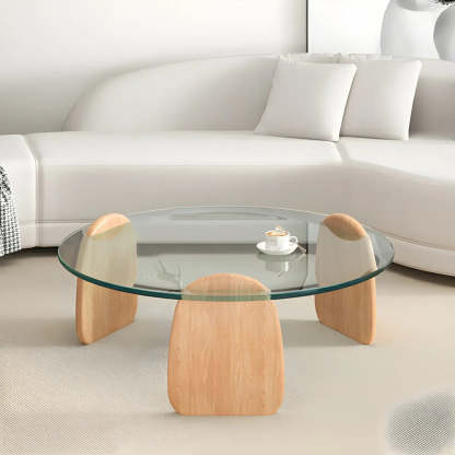 Round Glass Coffee Table with Wood Legs — Clear Glass / Natural Finish