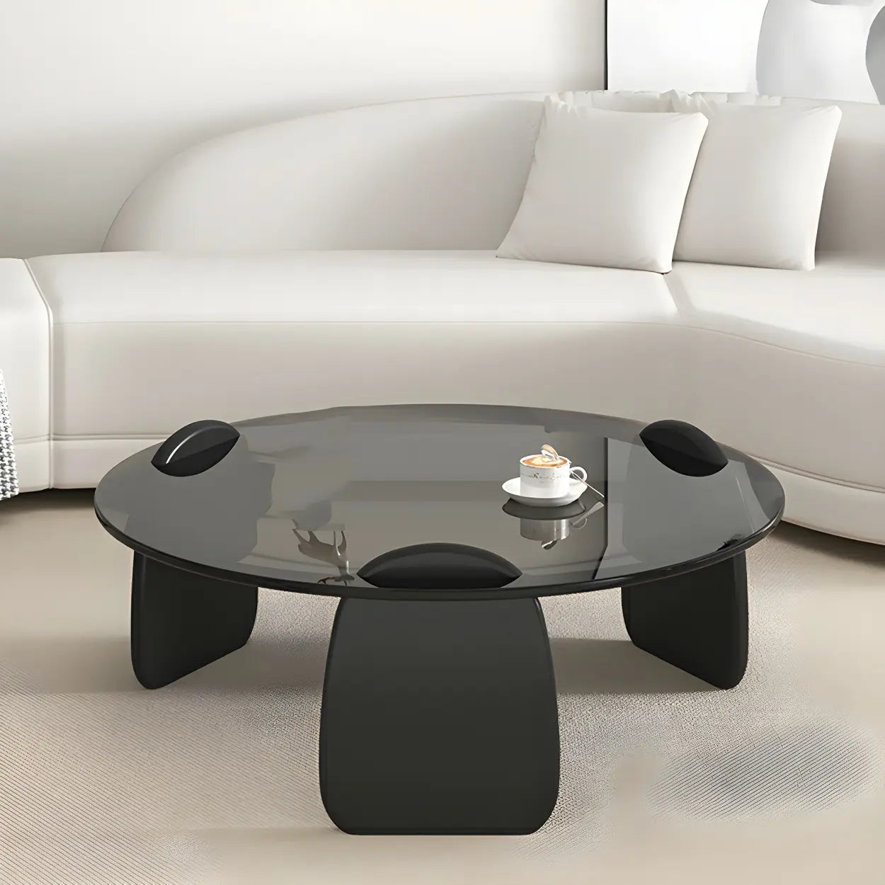 Round Glass Coffee Table with Wood Legs — Gray Glass / Black