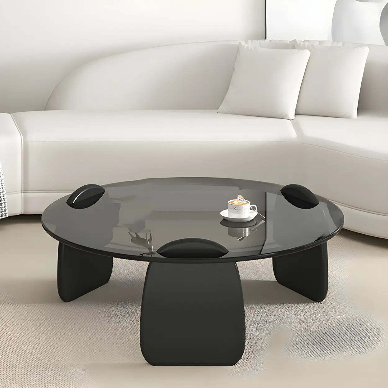 Round Glass Coffee Table with Wood Legs — Gray Glass / Black