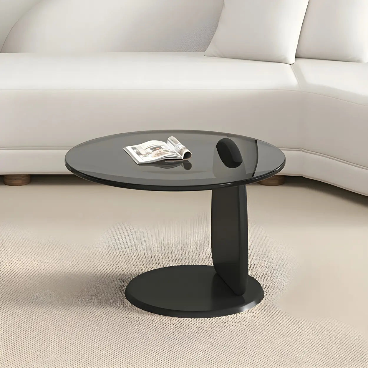 Round Glass Coffee Table with Wood Legs — Gray Glass / Natural Finish