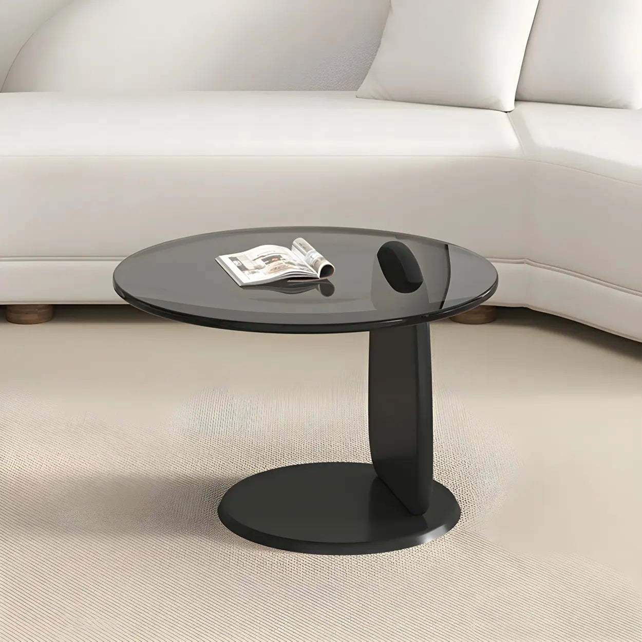 Round Glass Coffee Table with Wood Legs — Gray Glass / Natural Finish