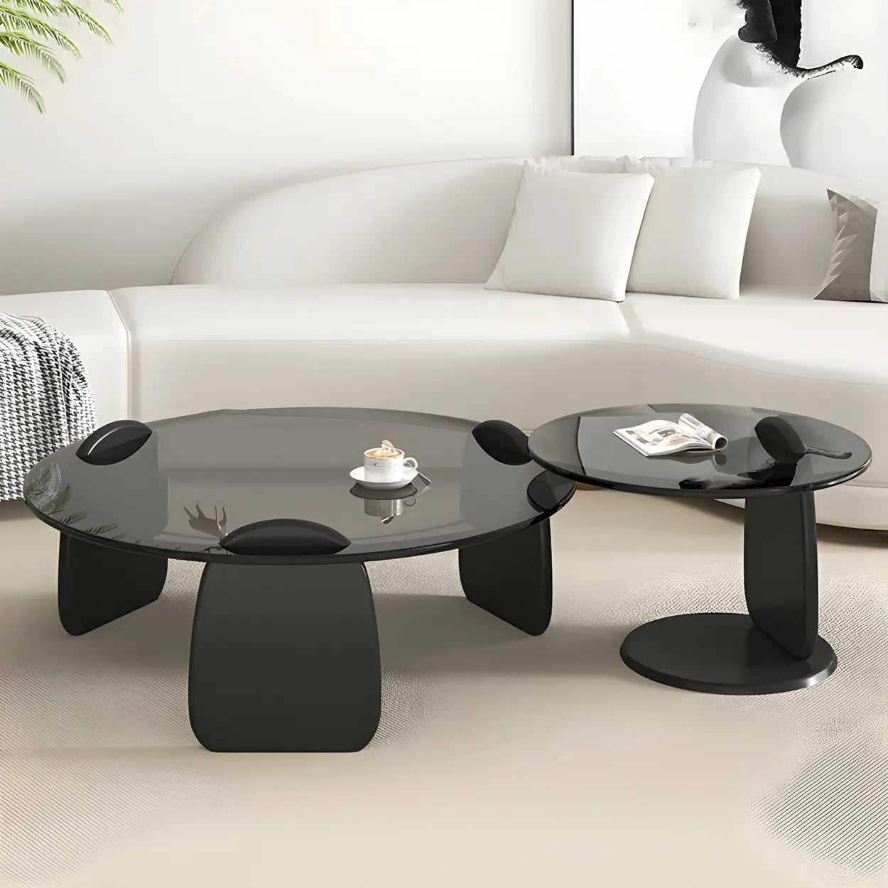 Round Glass Coffee Table with Wood Legs — Clear Glass / Black